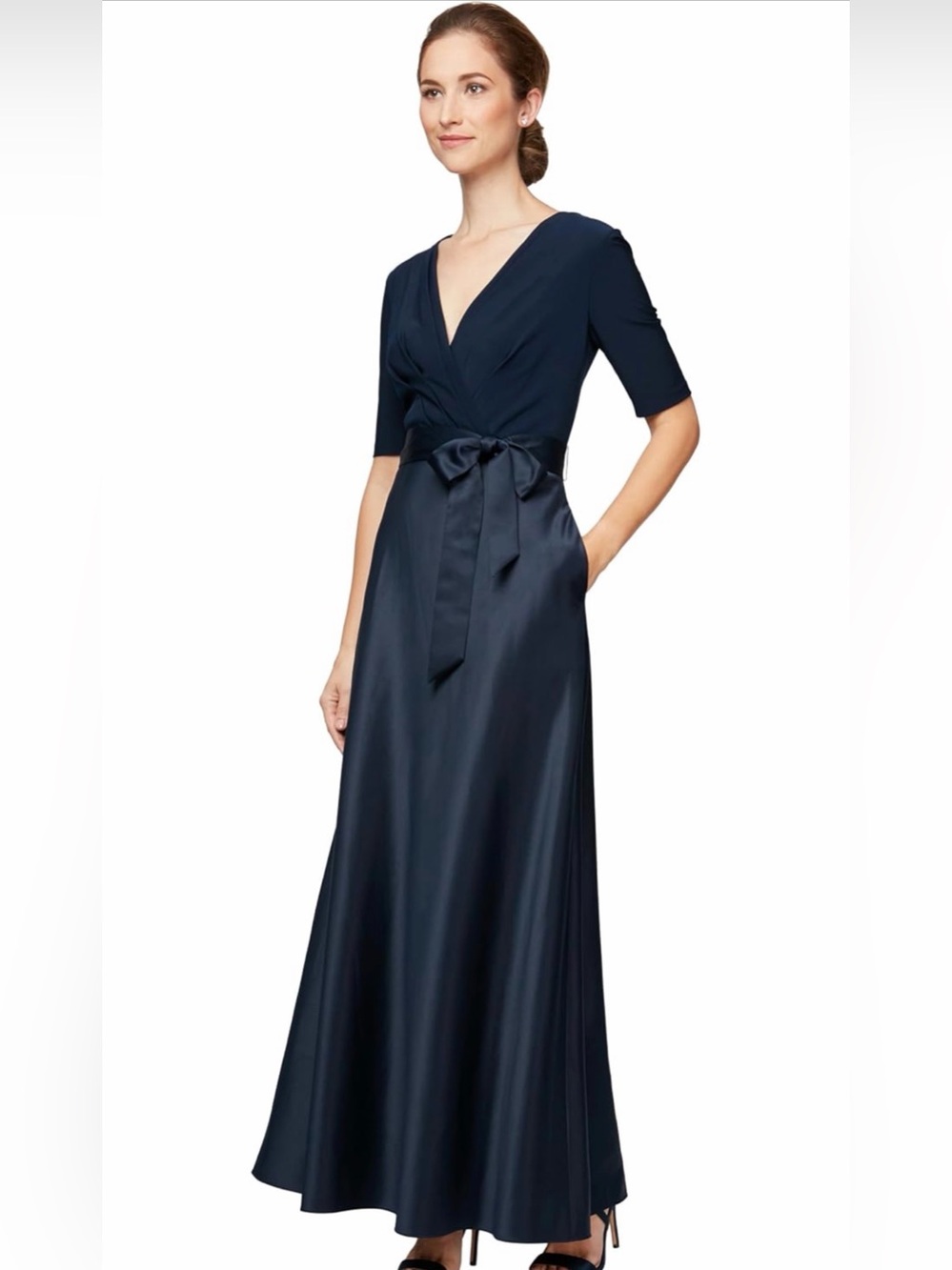 NWT Alex Evenings Navy Wrap-Front Maxi Dress with Tie Waist Gown Formal, 12P